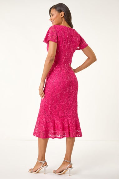 Roman Fuchsia Sequin Lace Ruffle Stretch Midi Dress
