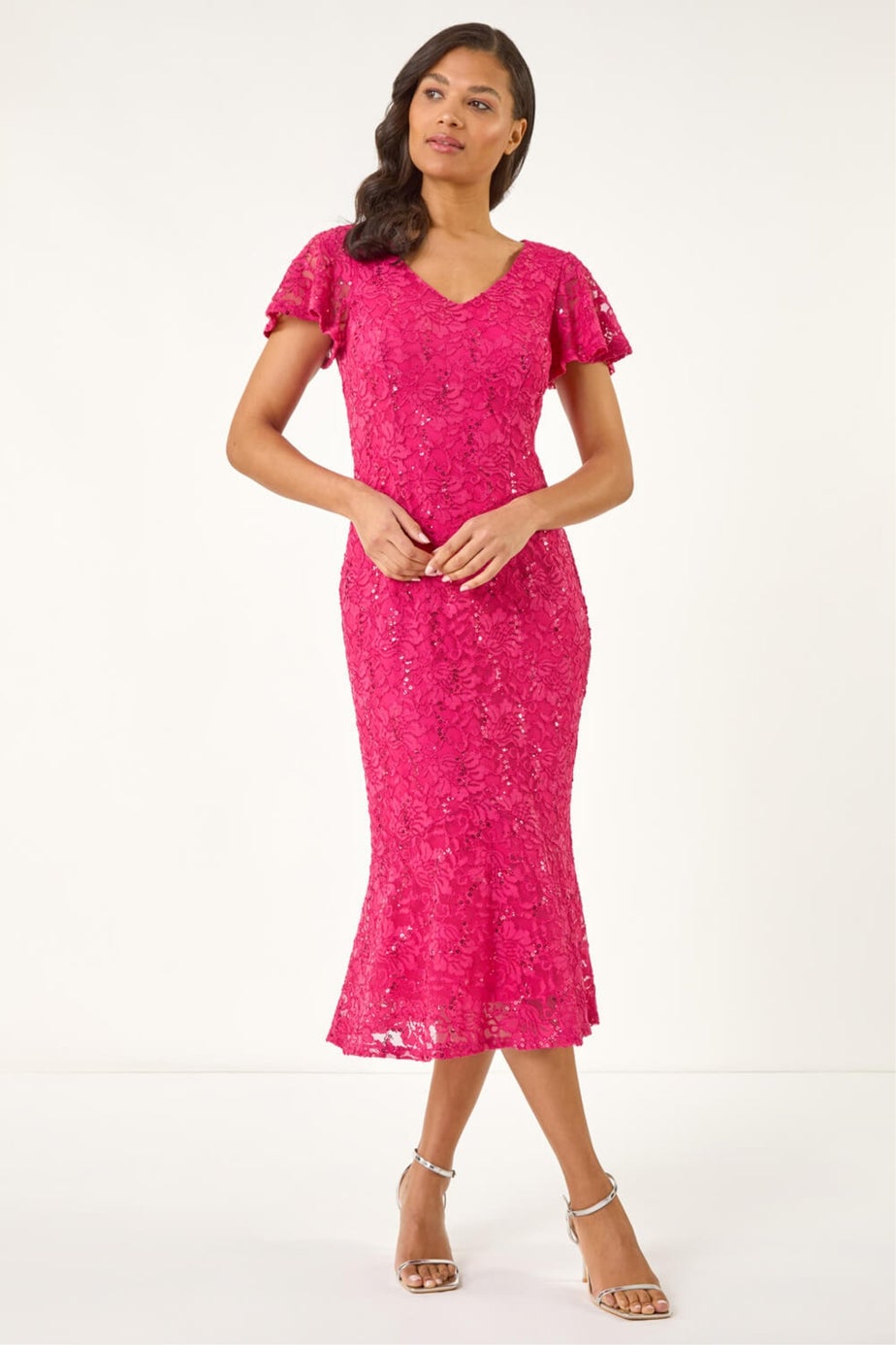Roman Fuchsia Sequin Lace Ruffle Stretch Midi Dress