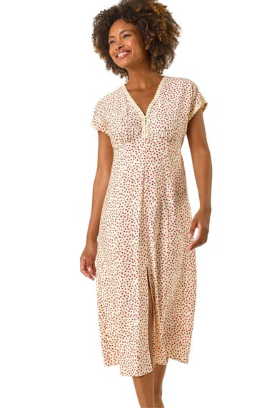 Roman Light Pink Ditsy Lace Trim Midi Dress