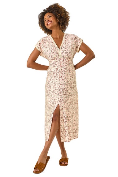 Roman Light Pink Ditsy Lace Trim Midi Dress