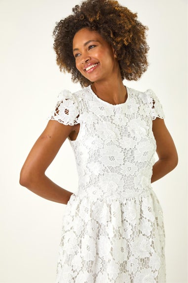 Roman White Crochet Floral Lace Midi Dress