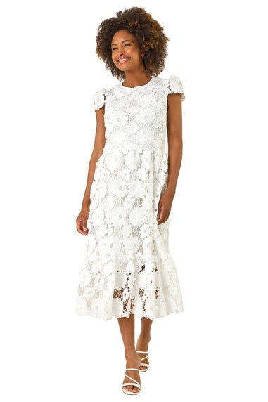 Roman White Crochet Floral Lace Midi Dress