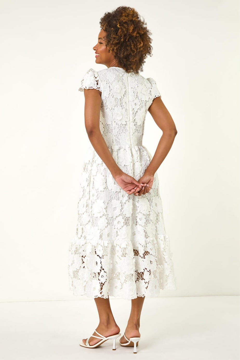 Roman White Crochet Floral Lace Midi Dress