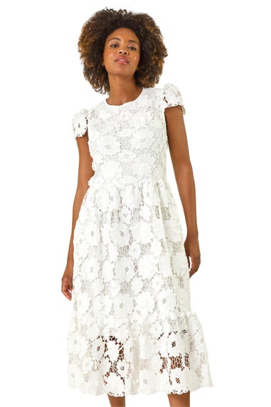 Roman White Crochet Floral Lace Midi Dress