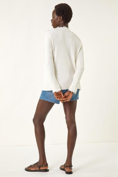 Roman Ivory Lace Trim Knit Cardigan