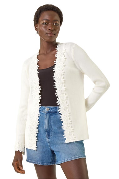Roman Ivory Lace Trim Knit Cardigan