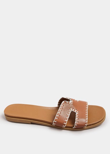 Yours Brown Faux Leather Stitched Mule Sandals In Extra Wide EEE Fit