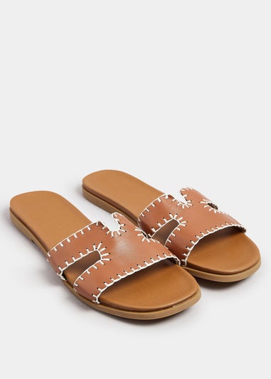 Yours Brown Faux Leather Stitched Mule Sandals In Extra Wide EEE Fit