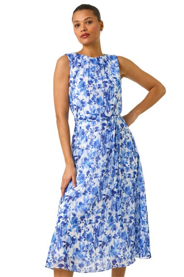 Roman Blue Floral Print Pleat Neck Midi Dress