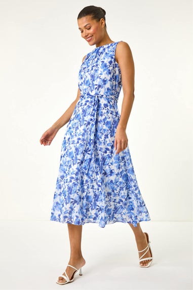Roman Blue Floral Print Pleat Neck Midi Dress