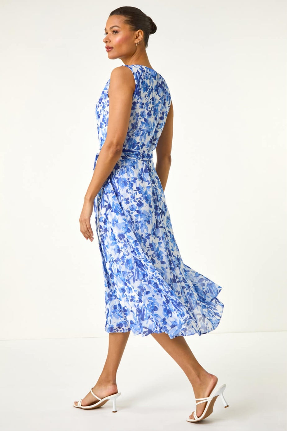 Roman Blue Floral Print Pleat Neck Midi Dress
