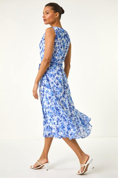 Roman Blue Floral Print Pleat Neck Midi Dress