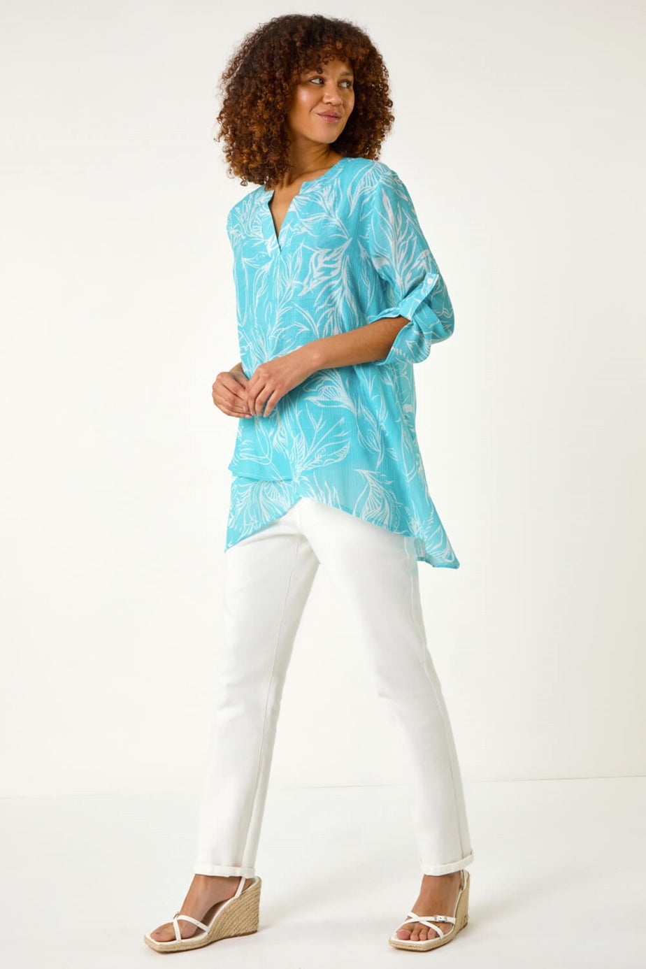 Roman Turquoise Linear Print Wrap Tunic