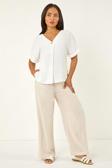 Roman White Petite One Buttoned V-Neck Top