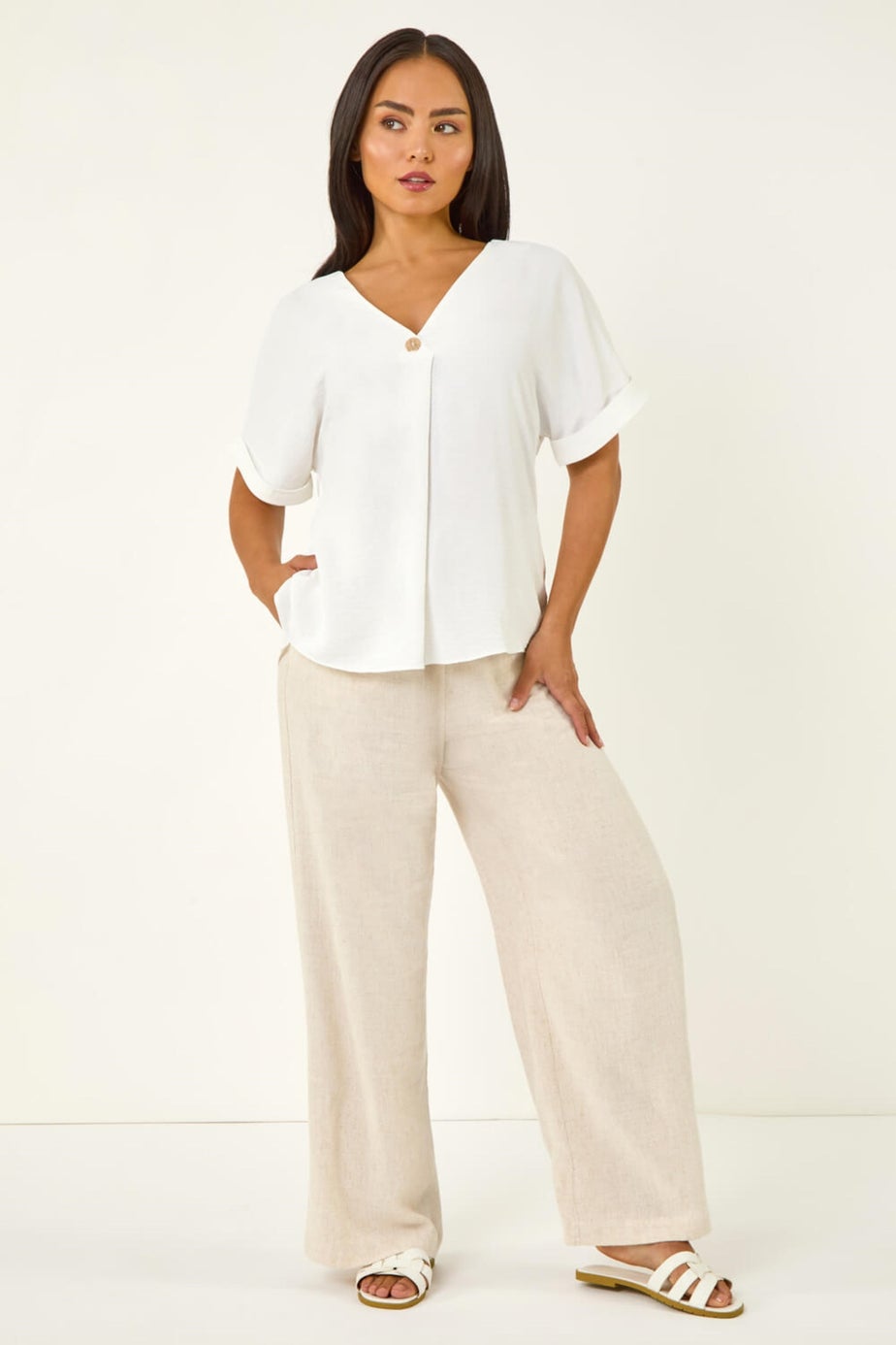Roman White Petite One Buttoned V-Neck Top
