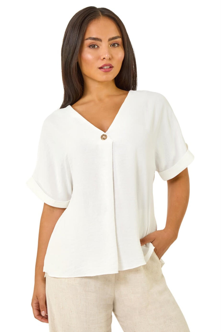 Roman White Petite One Buttoned V-Neck Top