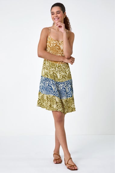 Roman Amber Patchwork Paisley Print Tiered Dress