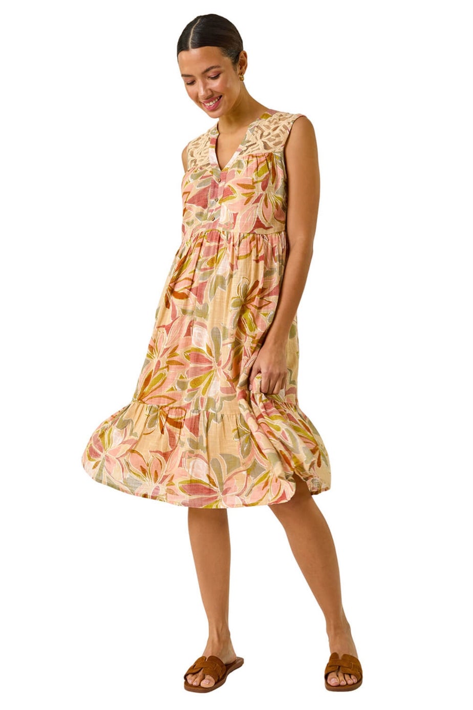 Roman Peach Leaf Print Lace Detail Smock Dress