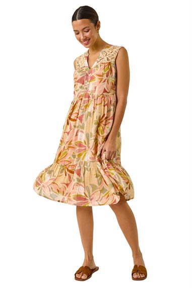 Roman Peach Leaf Print Lace Detail Smock Dress