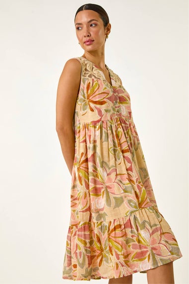 Roman Peach Leaf Print Lace Detail Smock Dress