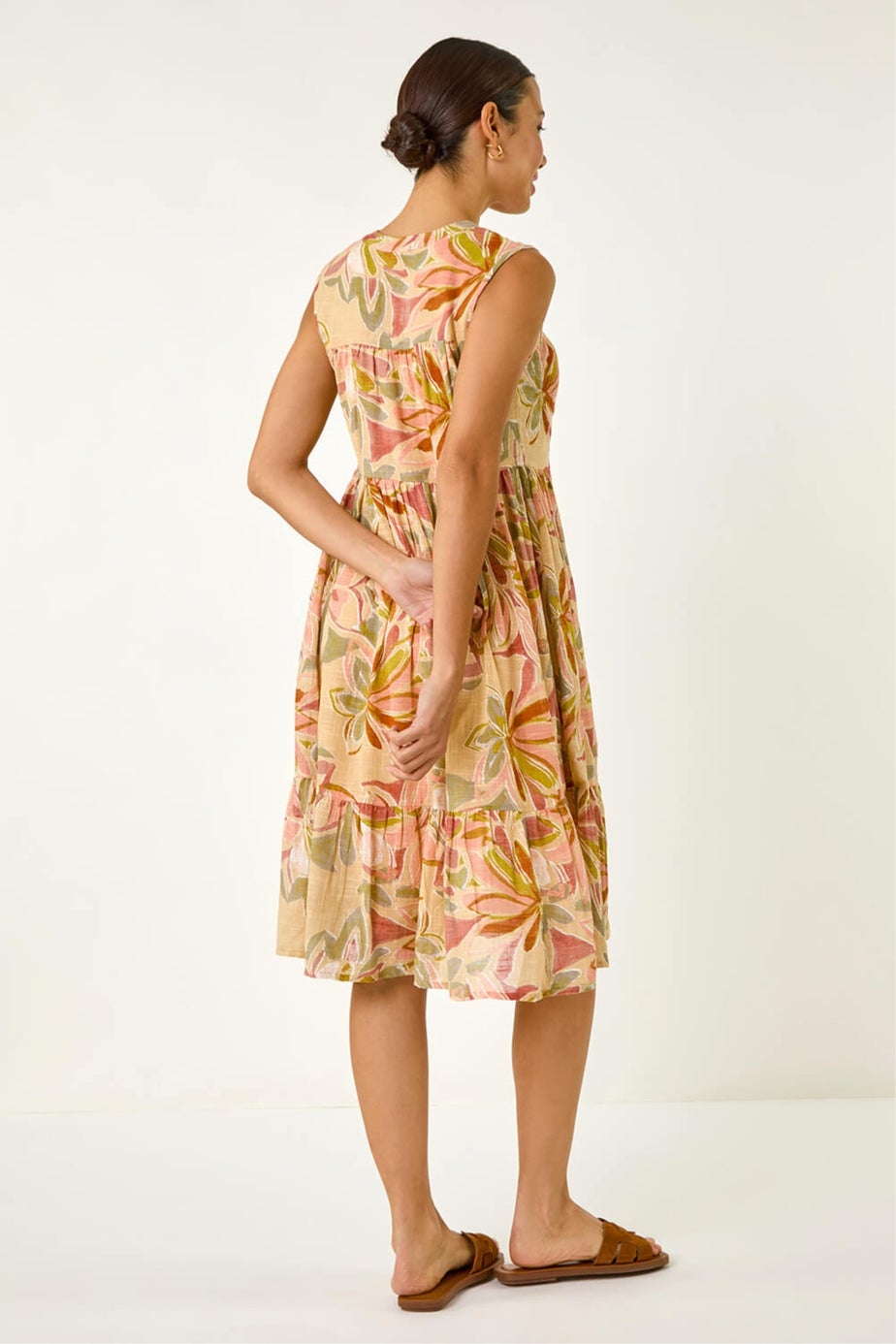 Roman Peach Leaf Print Lace Detail Smock Dress