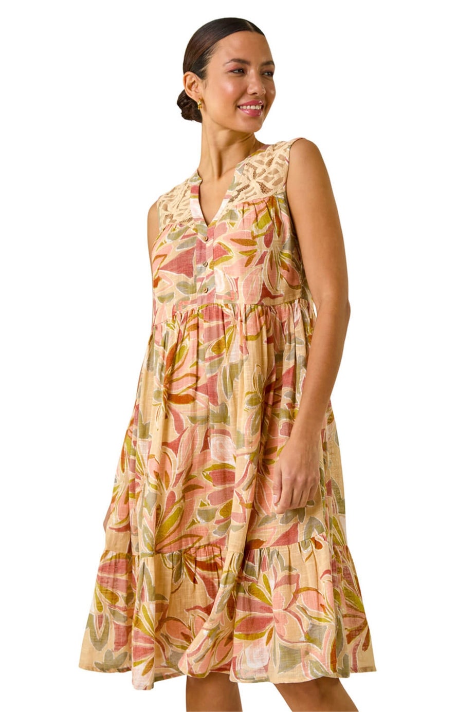 Roman Peach Leaf Print Lace Detail Smock Dress