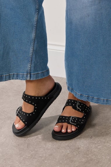 Yours Black Studded Buckle Strap Sandals In Extra Wide EEE Fit