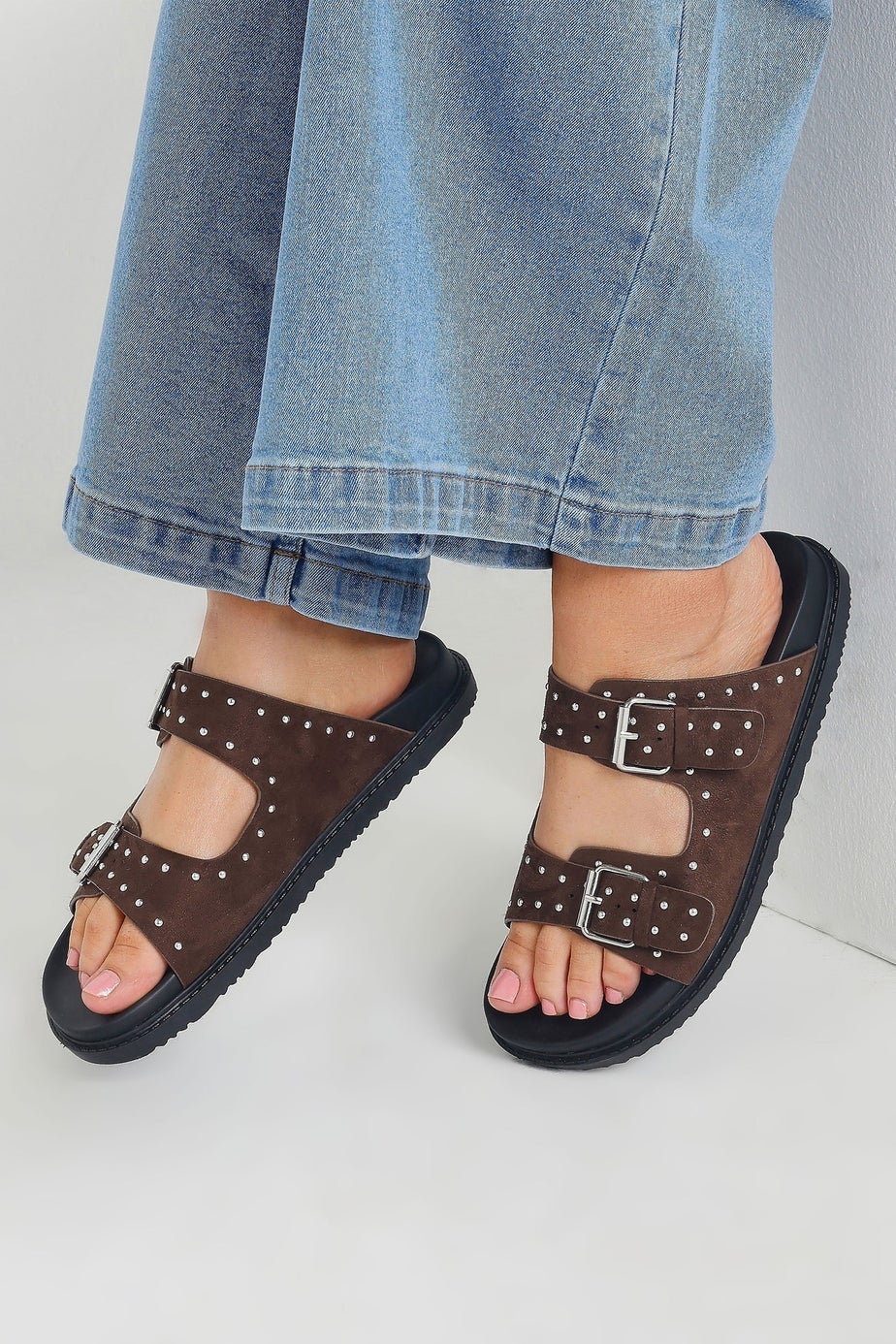 Yours Brown Studded Buckle Strap Sandals In Extra Wide EEE Fit