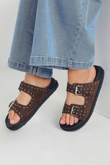 Yours Brown Studded Buckle Strap Sandals In Extra Wide EEE Fit