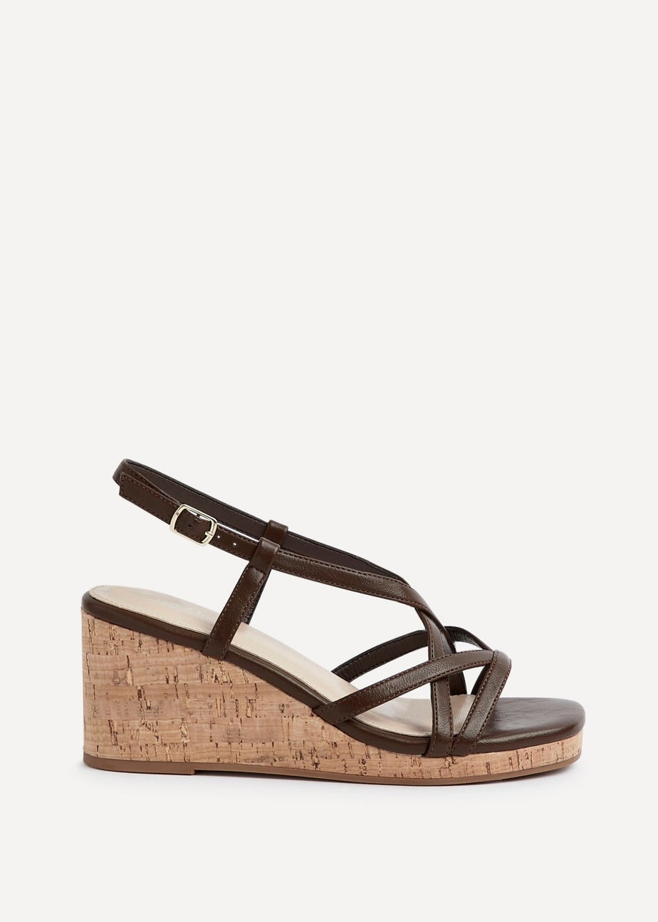 Linzi Safiya Brown Faux Leather Strappy Wedge Sandal