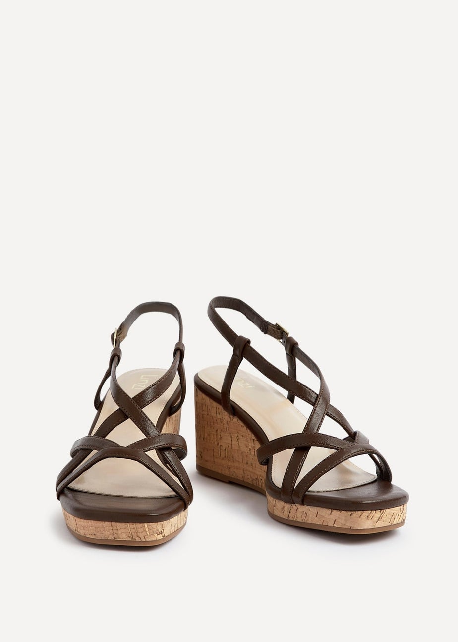 Linzi Safiya Brown Faux Leather Strappy Wedge Sandal