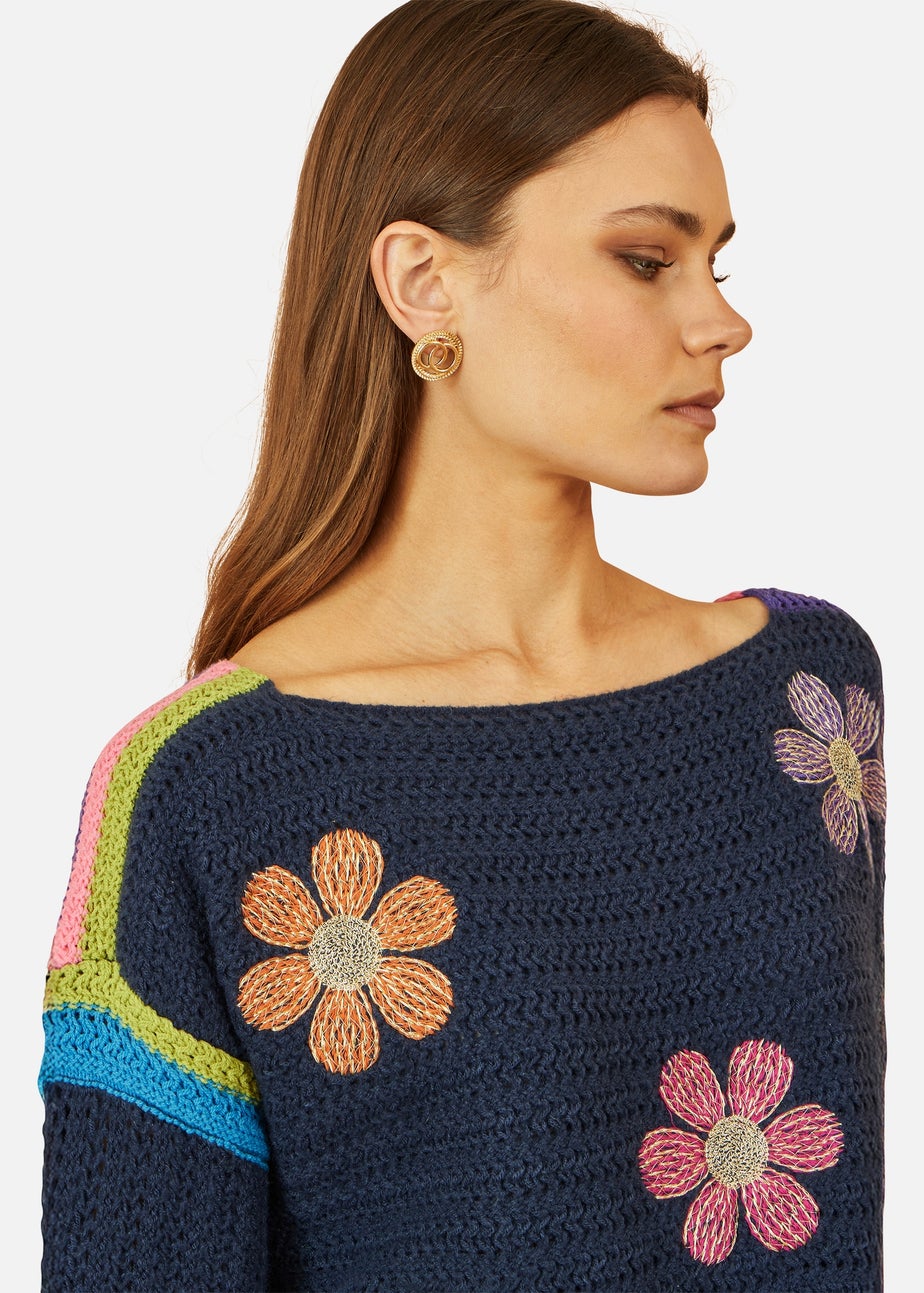 Yumi Navy Crochet Flower Jumper