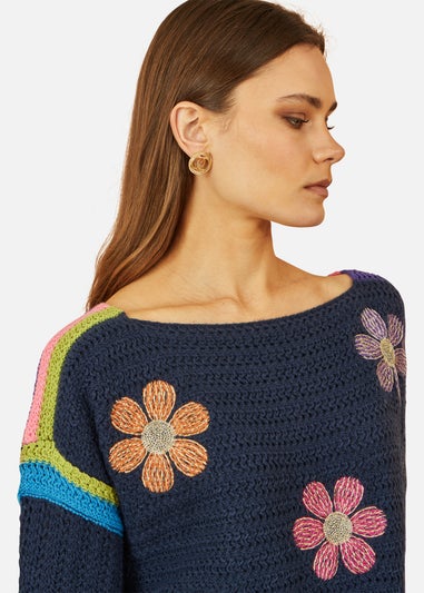 Yumi Navy Crochet Flower Jumper