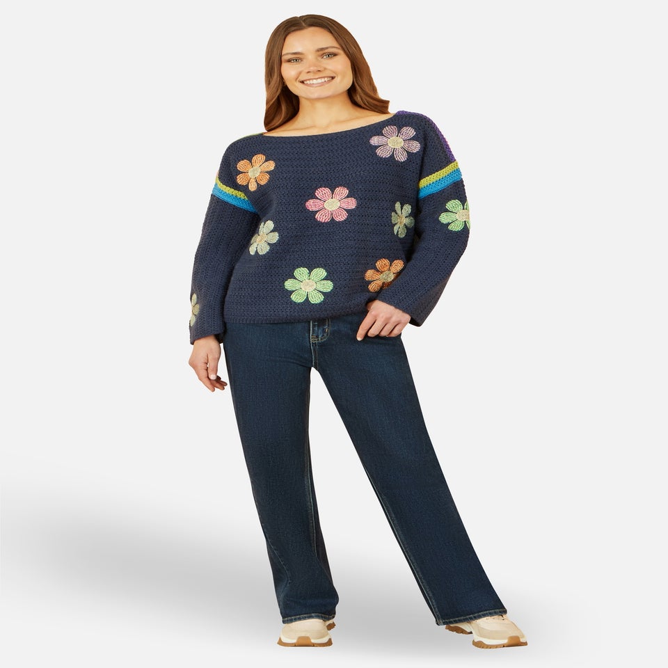 Yumi Navy Crochet Flower Jumper