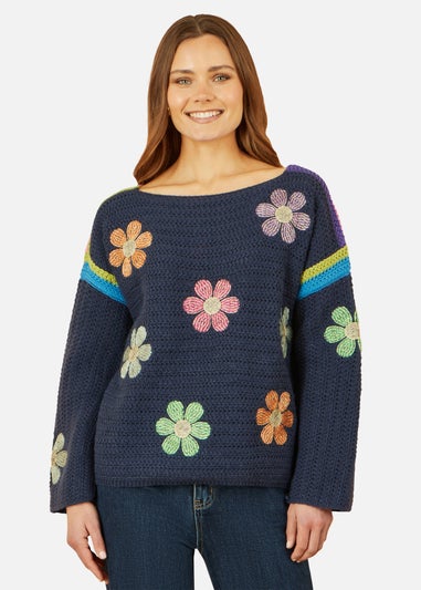 Yumi Navy Crochet Flower Jumper