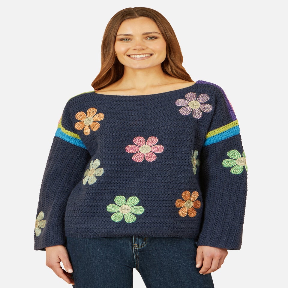 Yumi Navy Crochet Flower Jumper