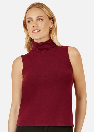 Yumi Burgundy Knitted Roll Neck Sleeveless Jumper