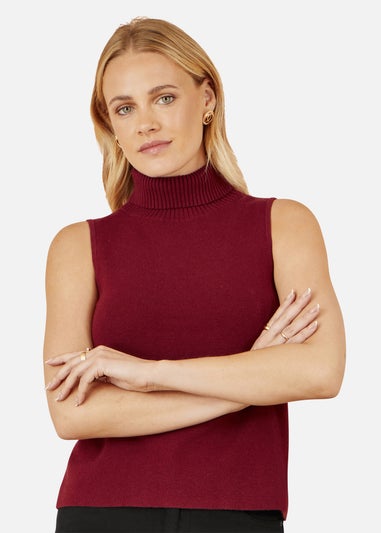 Yumi Burgundy Knitted Roll Neck Sleeveless Jumper