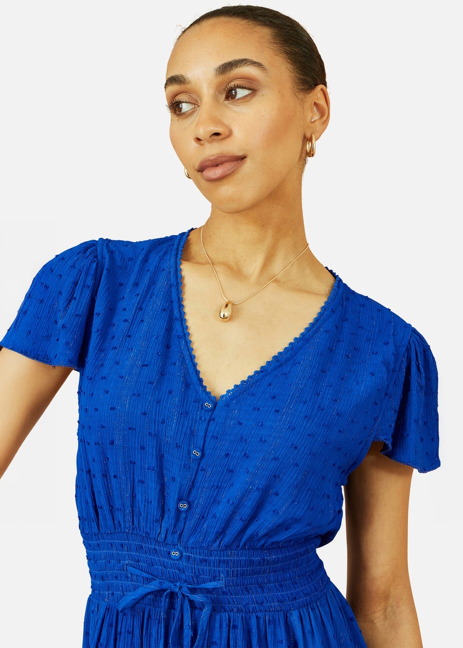 Yumi Blue Button Detail Midi Dress With Ruched Waist And Metallic Thread