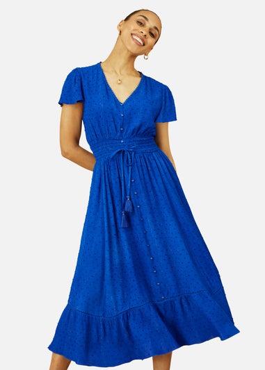 Yumi Blue Button Detail Midi Dress With Ruched Waist And Metallic Thread