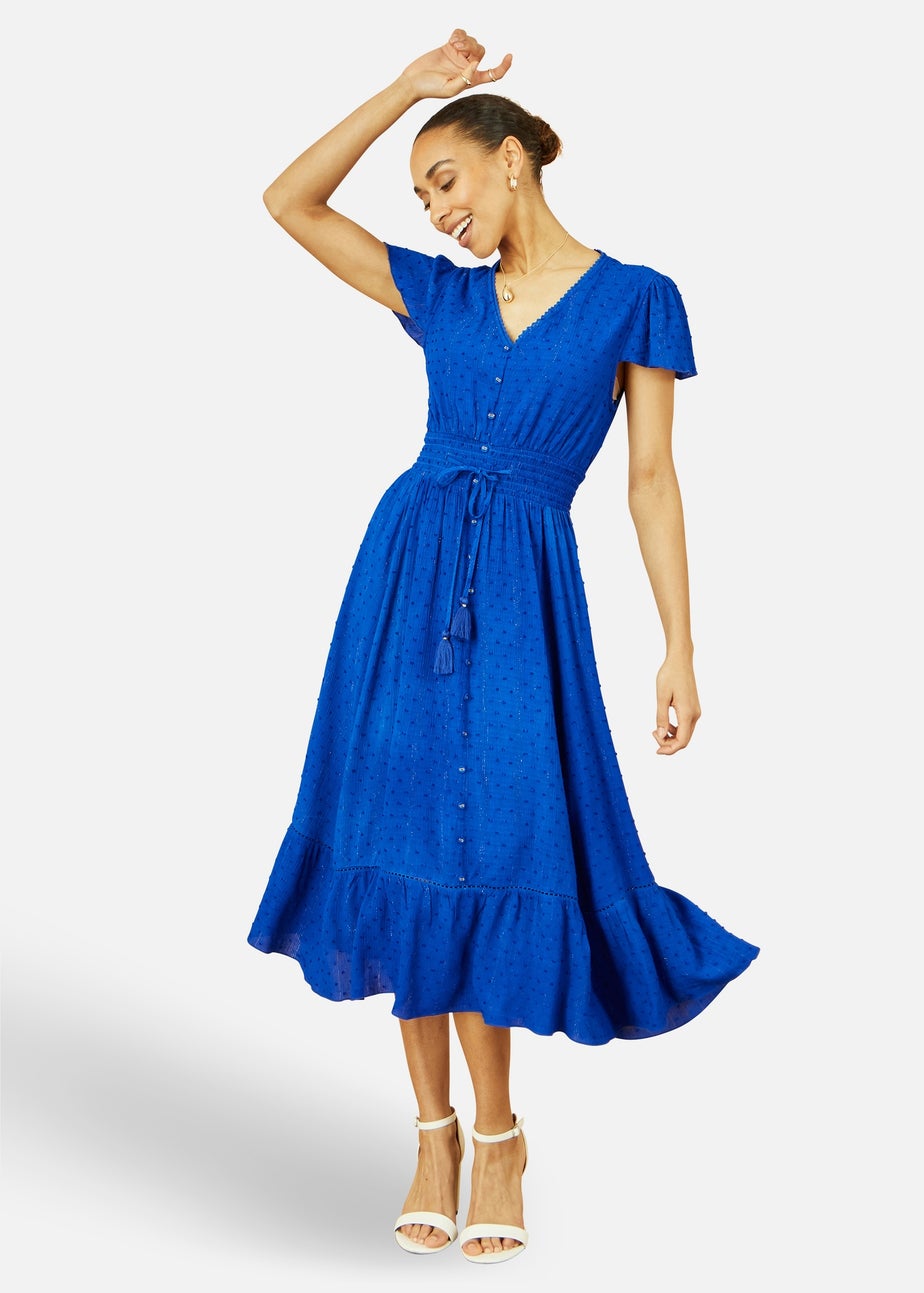 Yumi Blue Button Detail Midi Dress With Ruched Waist And Metallic Thread