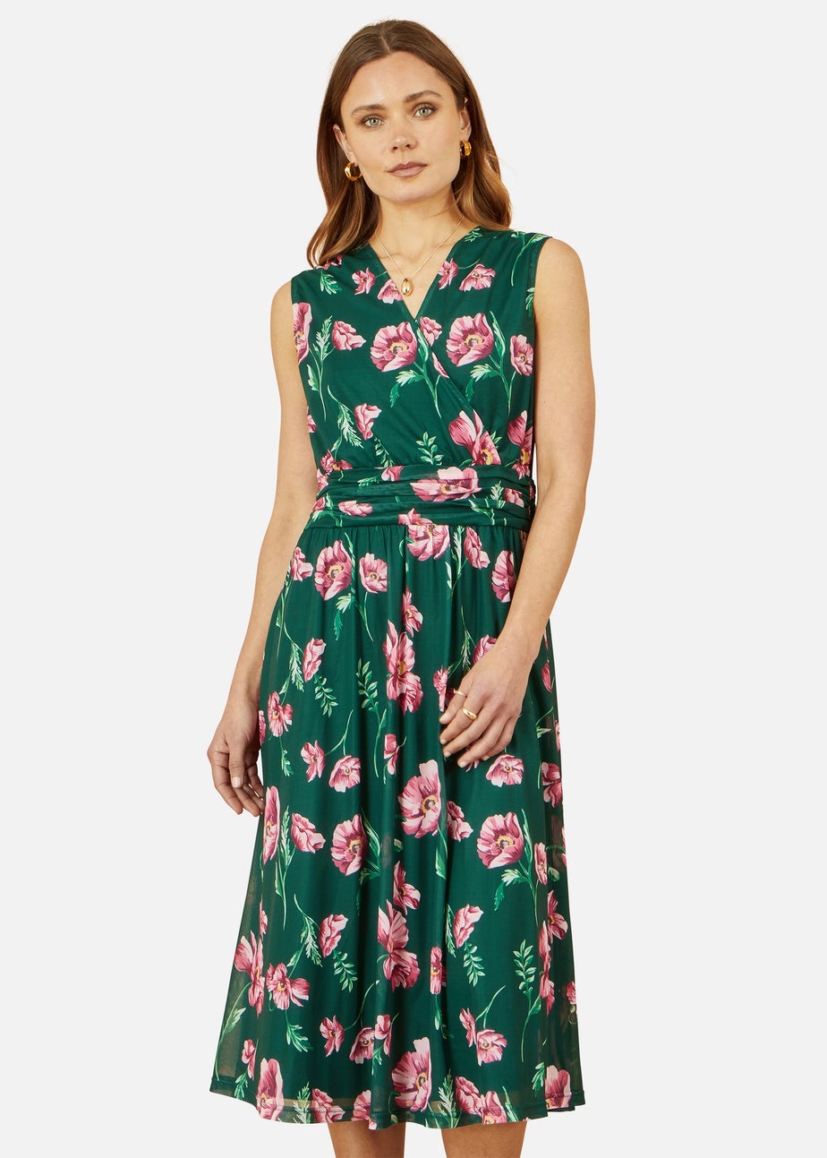 Yumi Green Floral Print Mesh Stretch Midi Dress With Pockets