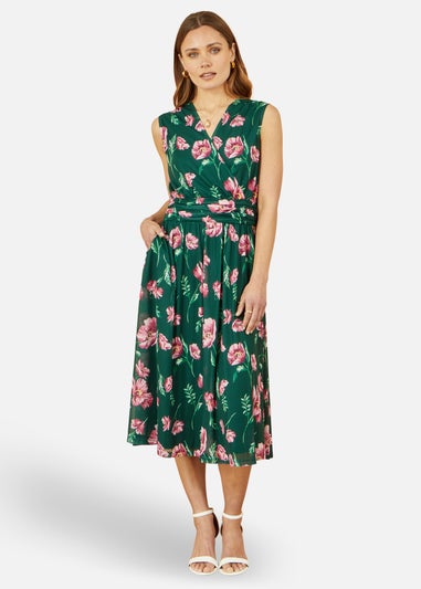 Yumi Green Floral Print Mesh Stretch Midi Dress With Pockets
