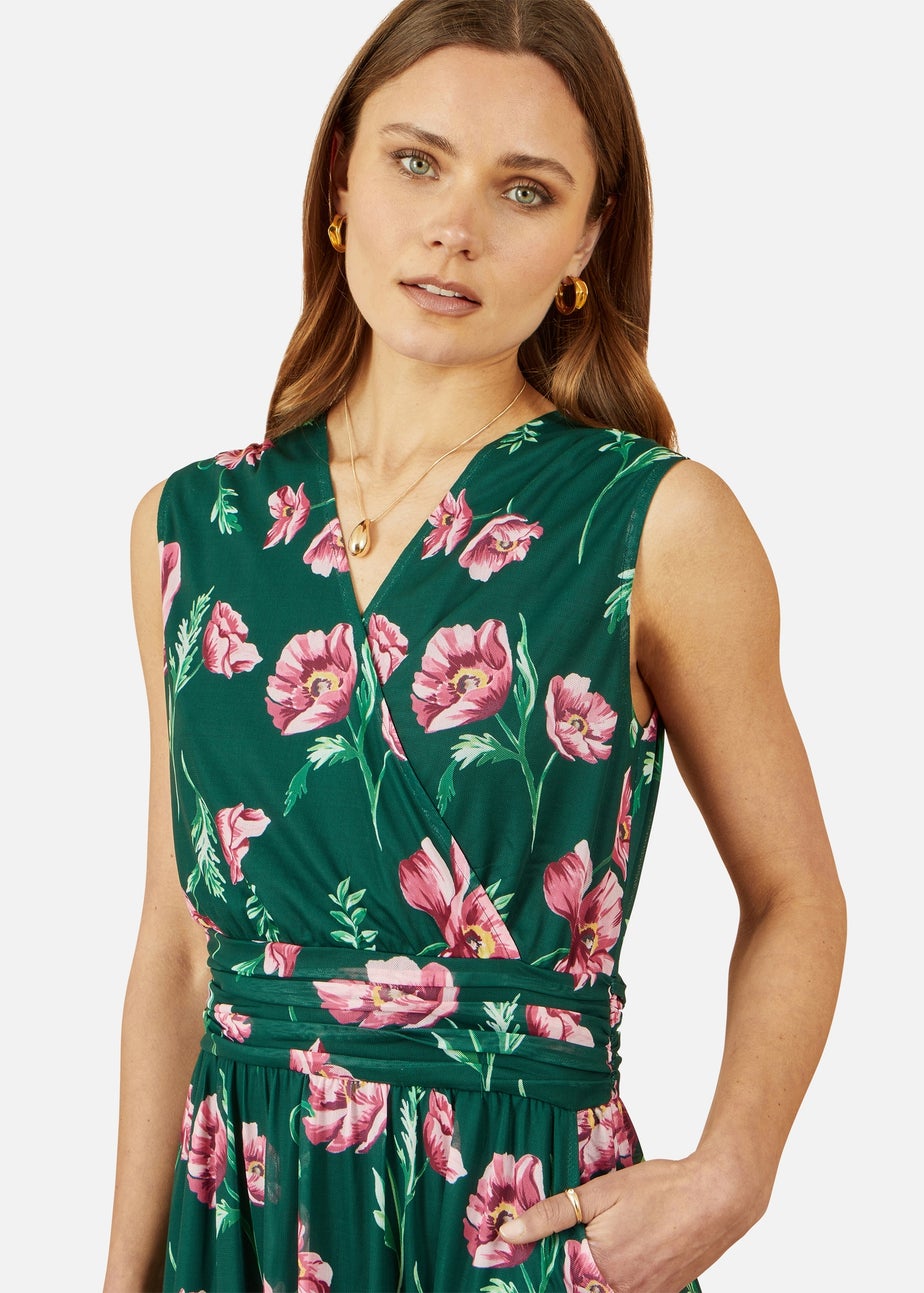Yumi Green Floral Print Mesh Stretch Midi Dress With Pockets