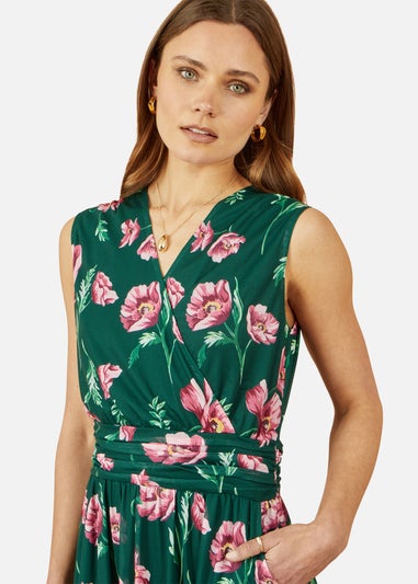 Yumi Green Floral Print Mesh Stretch Midi Dress With Pockets