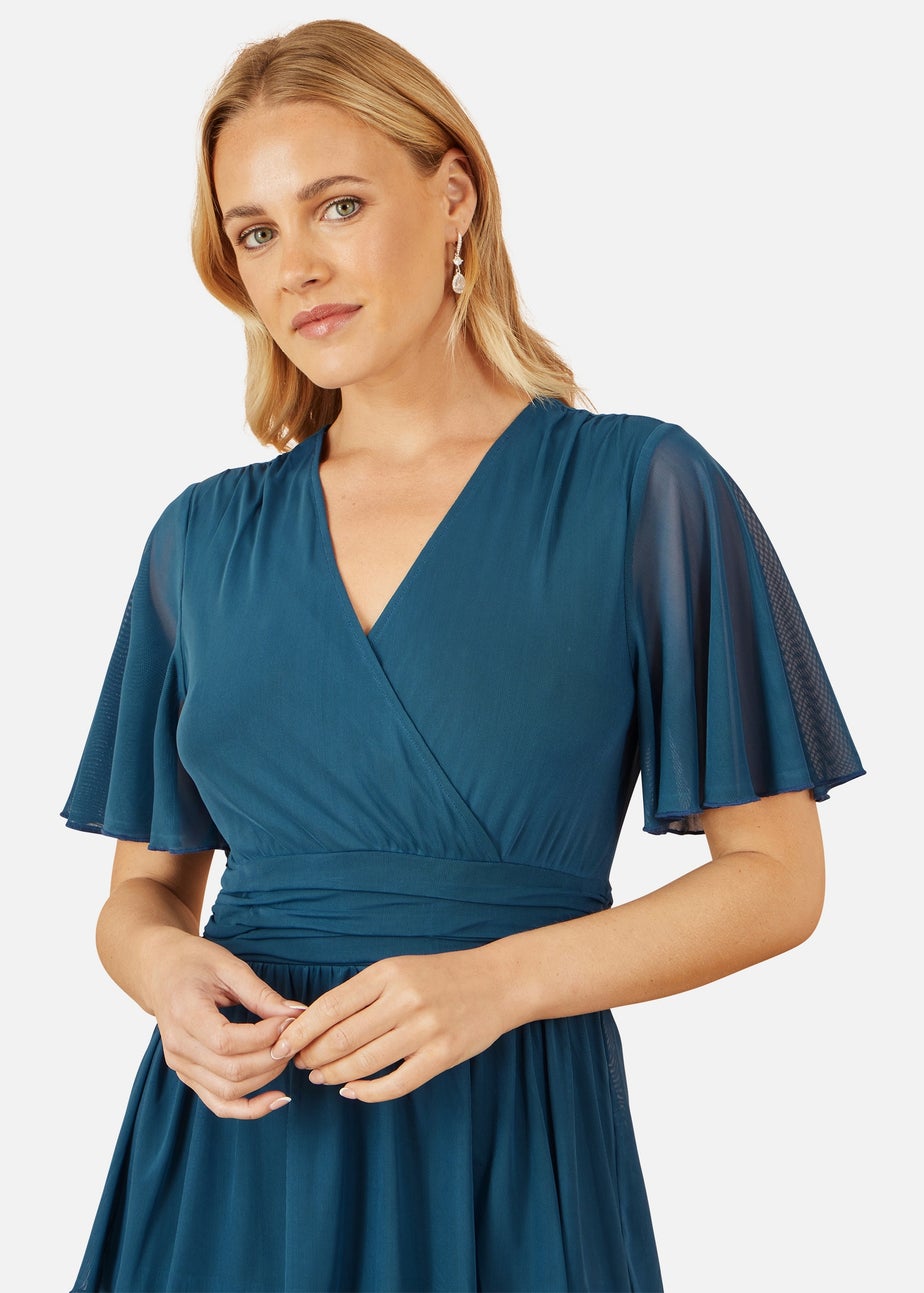 Yumi Teal Mesh Tiered Maxi Dress