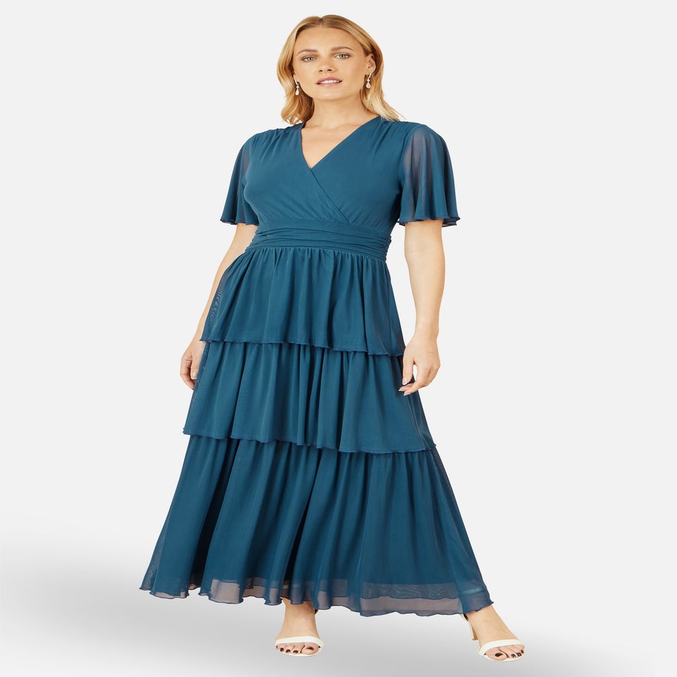 Yumi Teal Mesh Tiered Maxi Dress