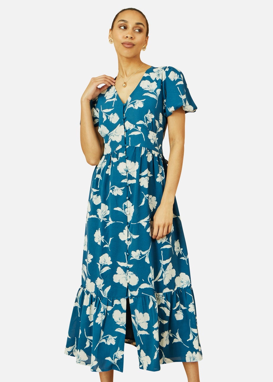 Yumi Teal Floral Button Down Floral Midi Dress