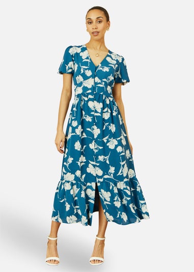 Yumi Teal Floral Button Down Floral Midi Dress