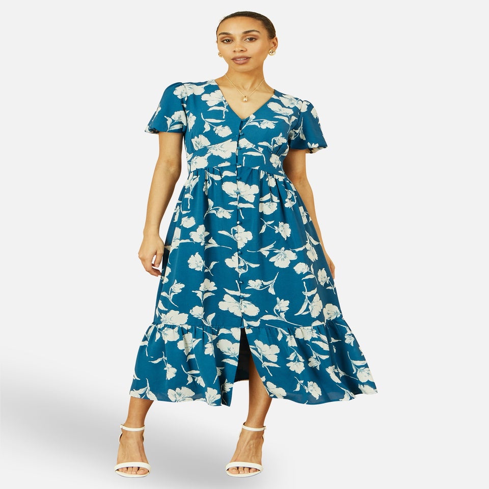 Yumi Teal Floral Button Down Floral Midi Dress